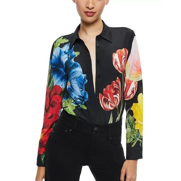 Alice + Olivia Tops - Alice + Olivia Willa Silk Le Parisien Floral Placket Top Blouse Medium FLAW